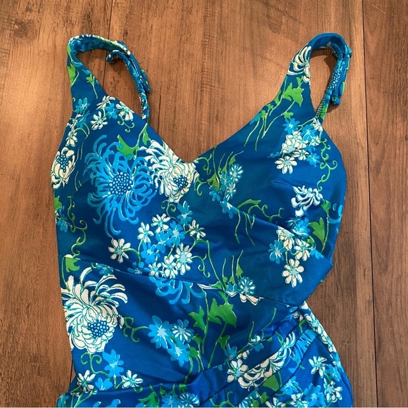 Vintage Perfect Fit by Roxanne Mid Century 1960s One Piece Aqua Floral Swimsuit - Picture 2 of 13